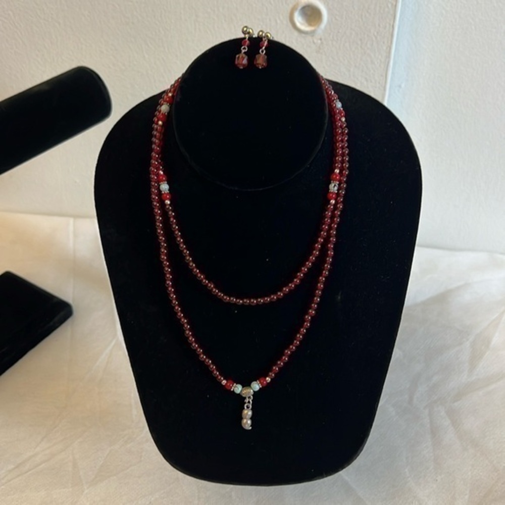 Vtg  look Sterling Silver Red Seed Bead Blue Necklace earrings set
